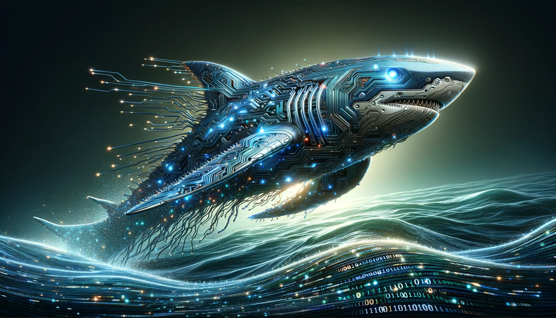 Code Shark: A sleek, metallic shark emerging from a sea of binary code, with glowing circuits and lines of code running along its body