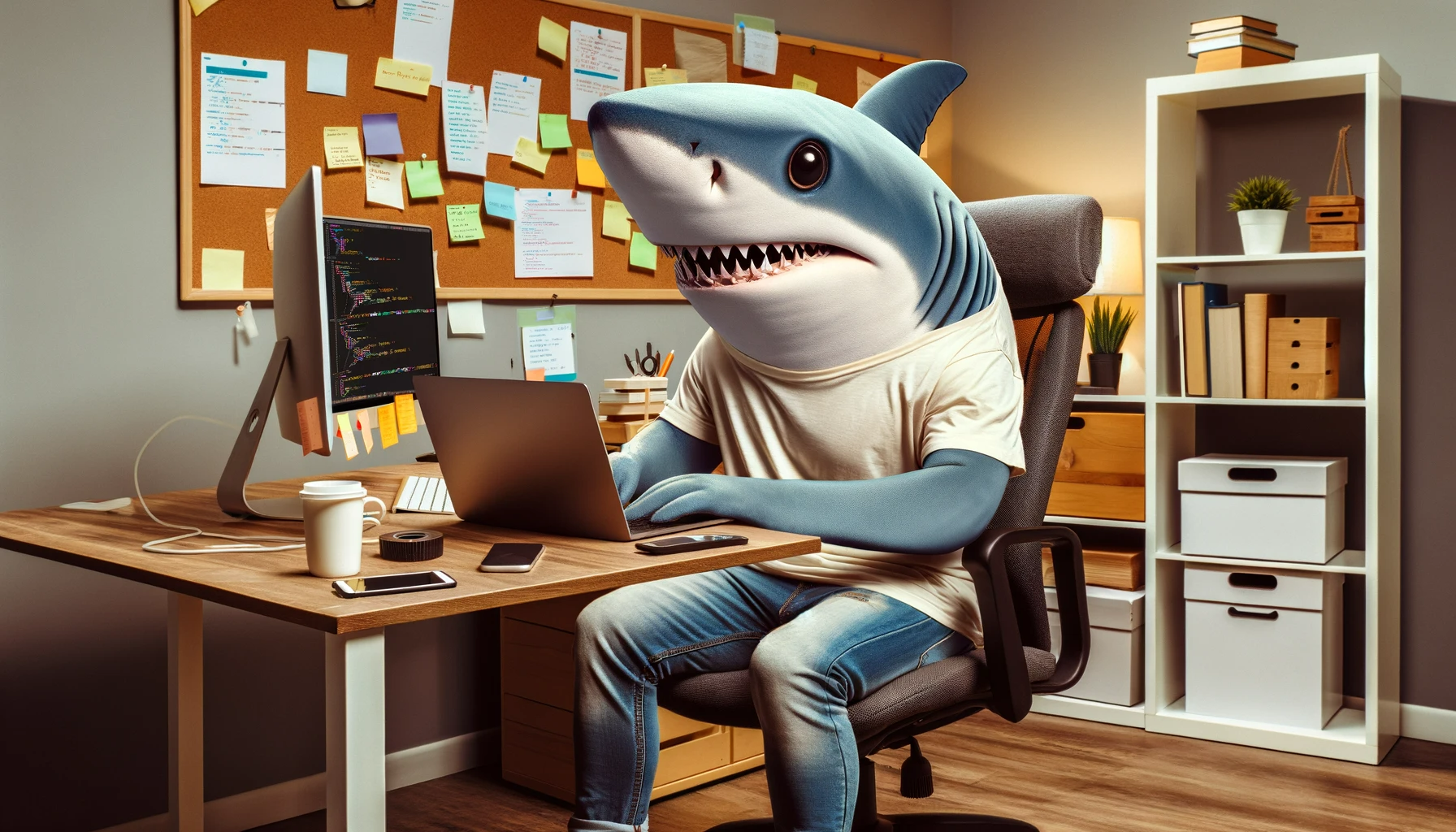 Code Shark: A shark sitting and programming on a laptop like a developer, drinking a cup of coffee